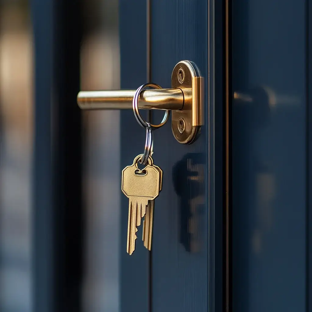 Chaves penduradas em portas azuis