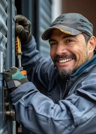 O sorridente serralheiro da Chaveiro Lagos abre a porta com uma ferramenta